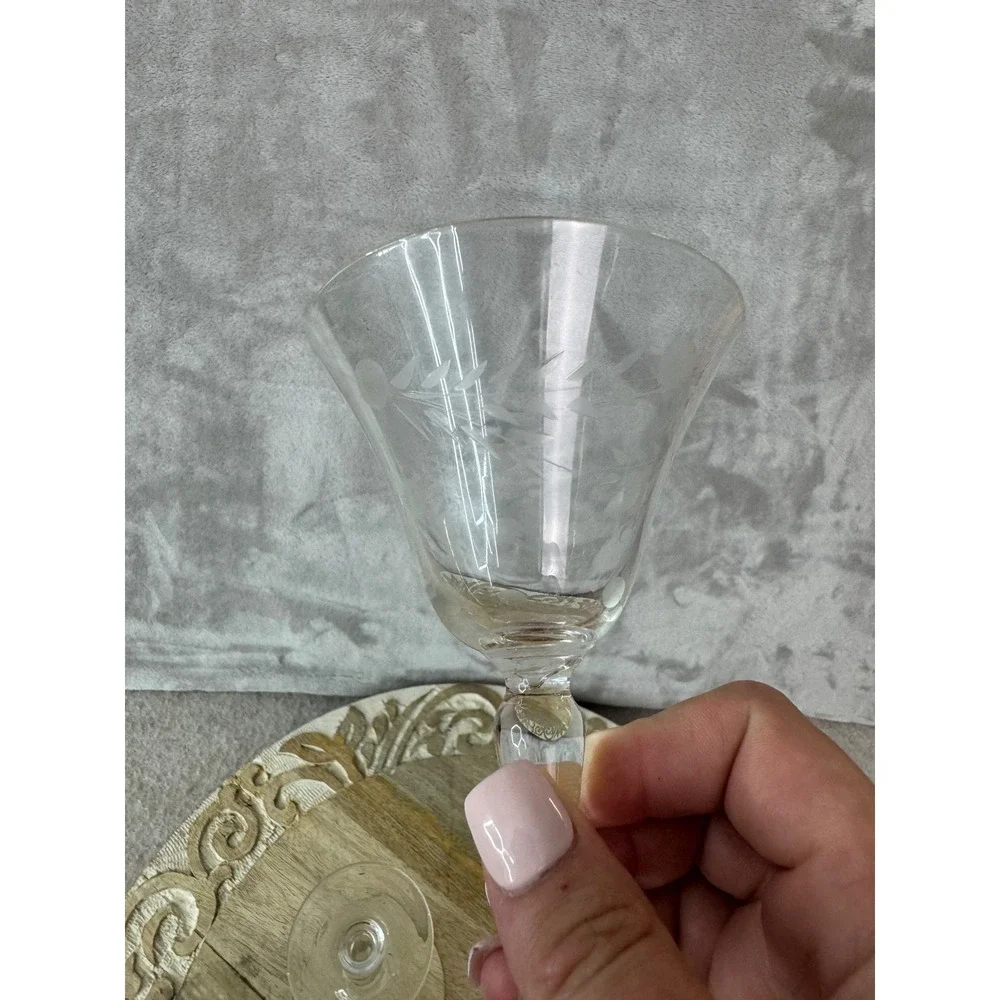 Vintage Etched Floral Crystal Cordial Glasses Set of 2 Clear Stemware 4.5in